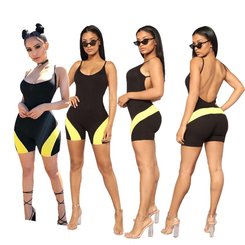 

Women' Yoga Set One Piece Playsuit 2020Summer Fashion Casual Slim Printed Crew Neck Low Cut Sling Rompers For Female Sportswear, As pic
