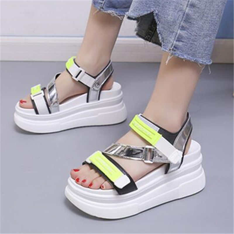 

2020 Height Increasing Thick Bottom Sole Wedges Sandals Women Hook & Loop Summer Sequins Platform Chunky Sandalias Mujer 35-40, Black