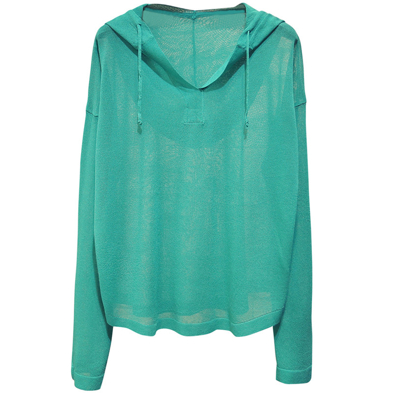 

women Spring Summer Ice Silk Thin Long Sleeve Hat Knitted shirt sweater girls Ladies Loose Air-conditioned Sunscreen Shirt Top, Black