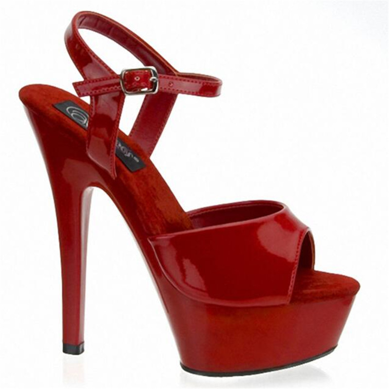 

Fashion 2020 Summer Women's Sandals Patent Leather Buckle Strap 15CM Thin High Heels waterproof Party Wedding womens shoes Red, Black