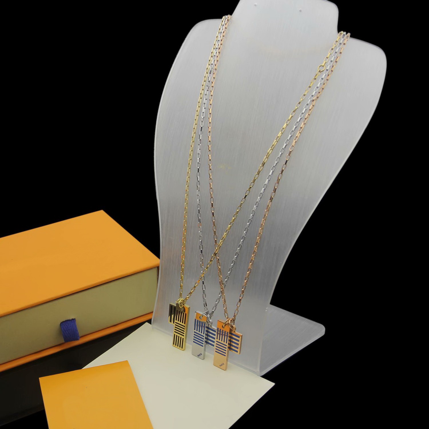 

Europe America Style Men Lady Women Titanium steel Lovers Long Necklace Engraved V Initials Black Blue Enamel Stripe Double Square Pendants