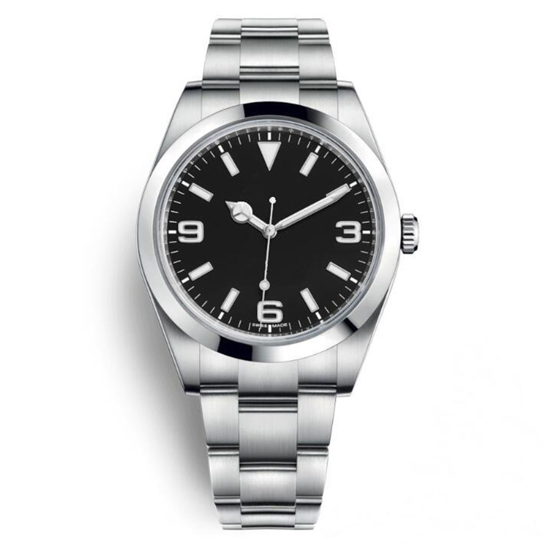 

39MM Automatic Mechanical Mens Watch Watches Silver Case Black Dial Blue Lume 369 Stainless Steel Bezel Minute Markers Around 214270