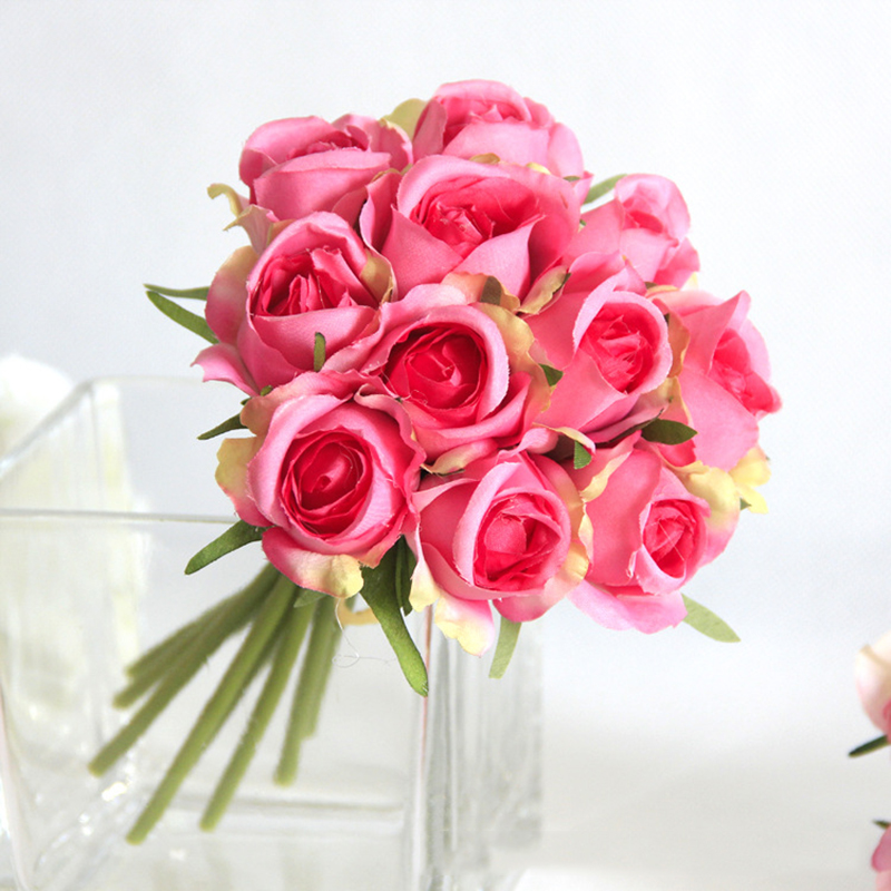 

11Heads Rose Artificial Flower Wedding Decoration Flower Wall Bride Holding Bouquet Photography Prop Fake Silk Flowers Roses, Pink