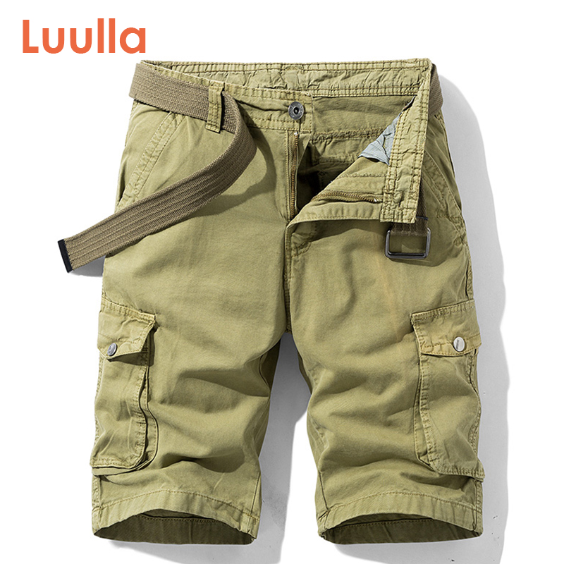 

Luulla Men Summer New Classic Stretch Twill Cotton Cargo Shorts Men Casual Fashion Solid Mutil Pockets Legwear Cargo Shorts, Black