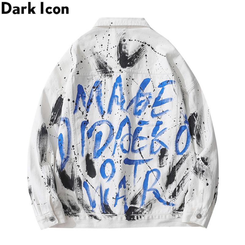 

DARK Letter Printed Denim Jackets Men Streetwear Jean Jacket Outerwear Men's Jackets, White