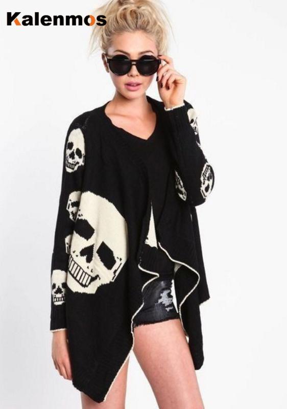 

KALENMOS Long Coat Women Spring Autumn Ropa Printed Skull Cardigan Coat Gothic Black Punk Style Women Thin Jacket Plus Size