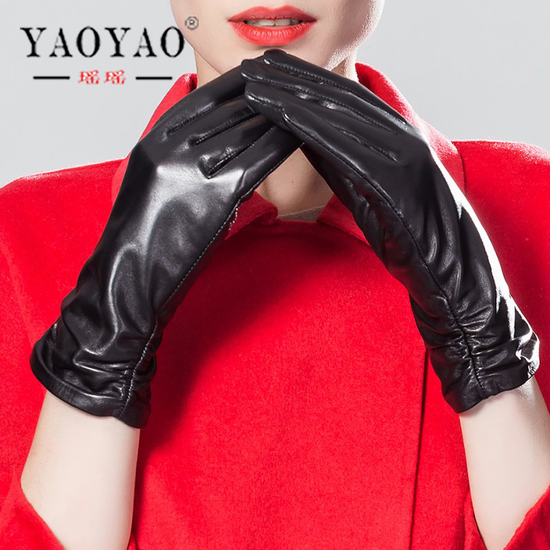 

YY8176 Ladies New Arrival Spring/Autumn Genuine Leather Medium Long Thin/Thick Black Gloves Women Simple Commercial Ruffle Luvas