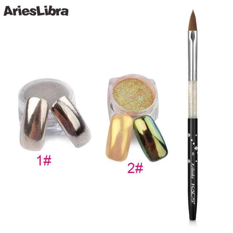 

AriesLibra Nail Art Set 8# Black Kolinsky Sable Brush Professional Painting Acrylic Nail Gel Brush Mirror Powder Dust Set