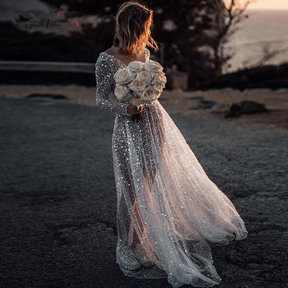 

Sexy Illusion Boho Wedding Dress A-Line V-Neck Sleeves Dresses Backless Bridal Gowns Sequined Beading Beach, Champagne