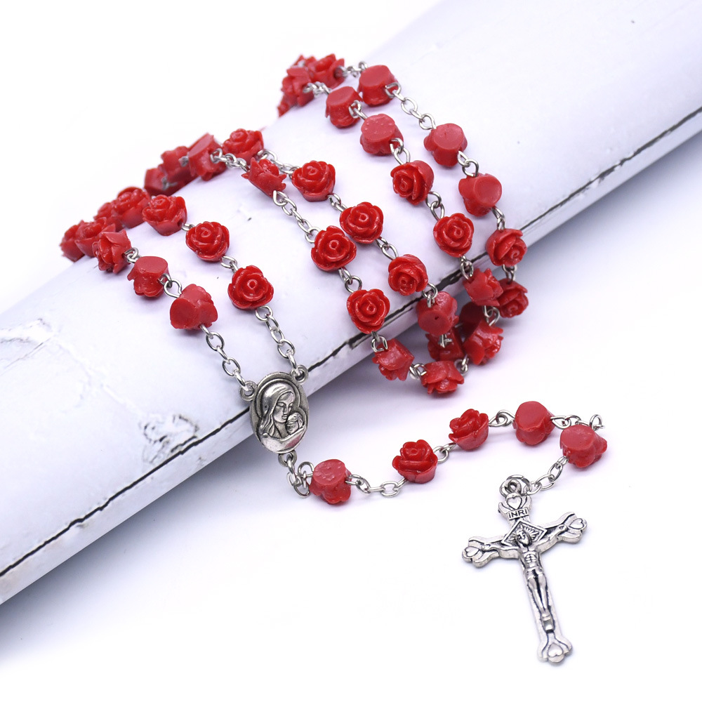 

Prayer Beads Rose Flower Rosary Virgin Maria Christ Cross Necklace Christian Accessories Christmas Gift