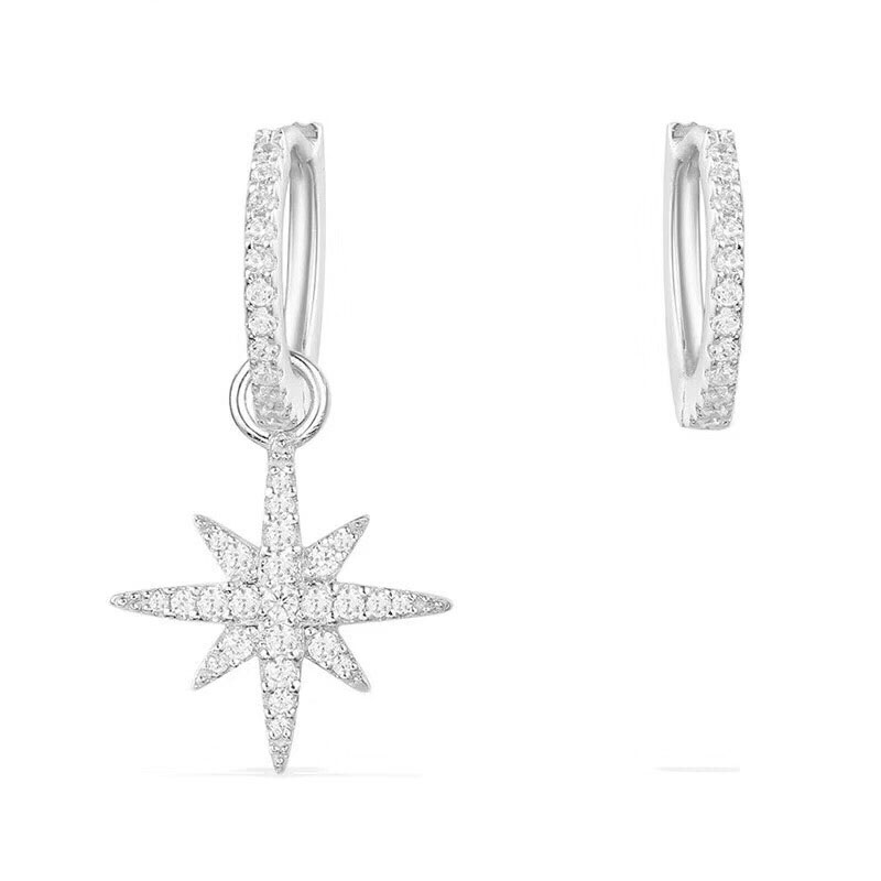 

SLJELY High Quality Real 925 Sterling Silver Asymmetric Fine Star Earrings with Cubic Zirconia Stones Women Fashion Jewelry