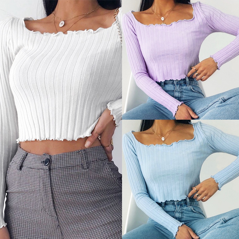 

Kili Elegant Women Crop Top T Shirt Autumn Ribbed Knitting Long Sleeve Tee Shirts Streetwear Leisure T-Shirt, Blue