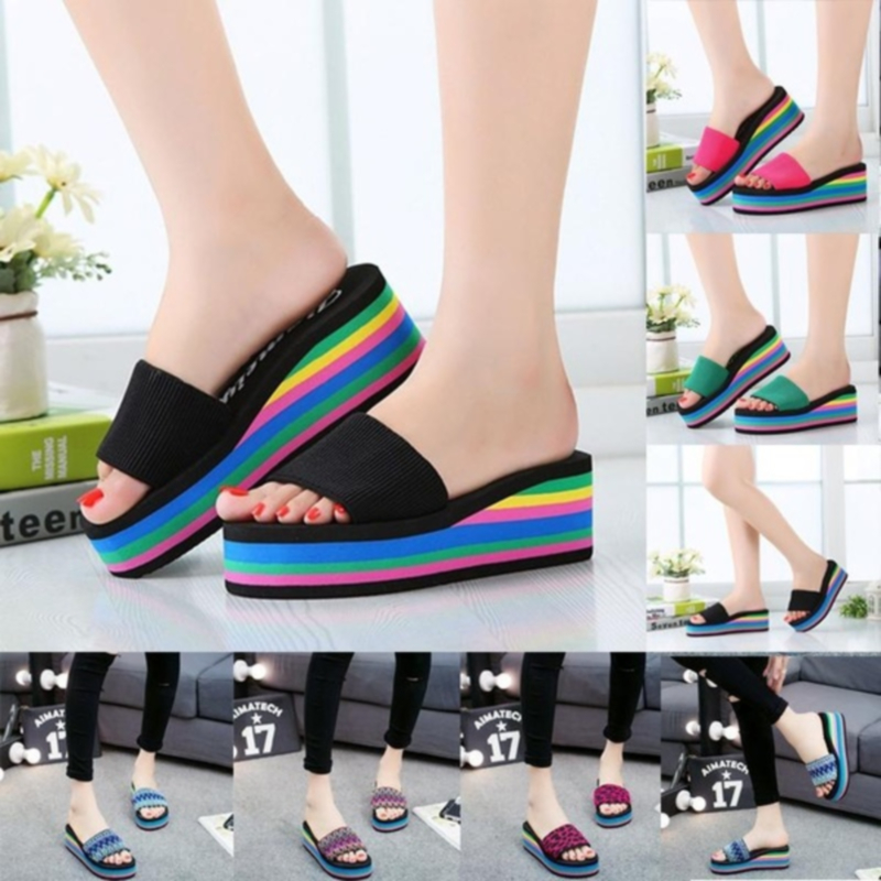 

Women Fashion Female Wild One Word Drag Muffin Wedge Heels Thick Bottom Non-Slip Beach Shoes Summer Slippers, Red