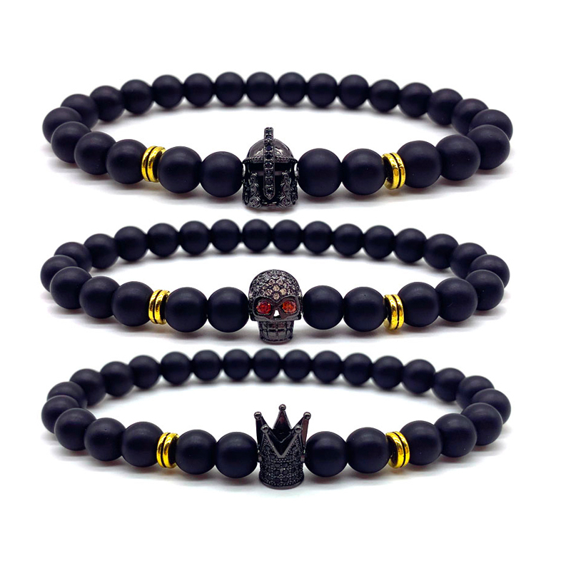 

Men Bracelet 2020 New Fashion Charm Jewelry Black Crown & helmet 8mm matte onyx beads Bracelets Male Hombre bileklik gift