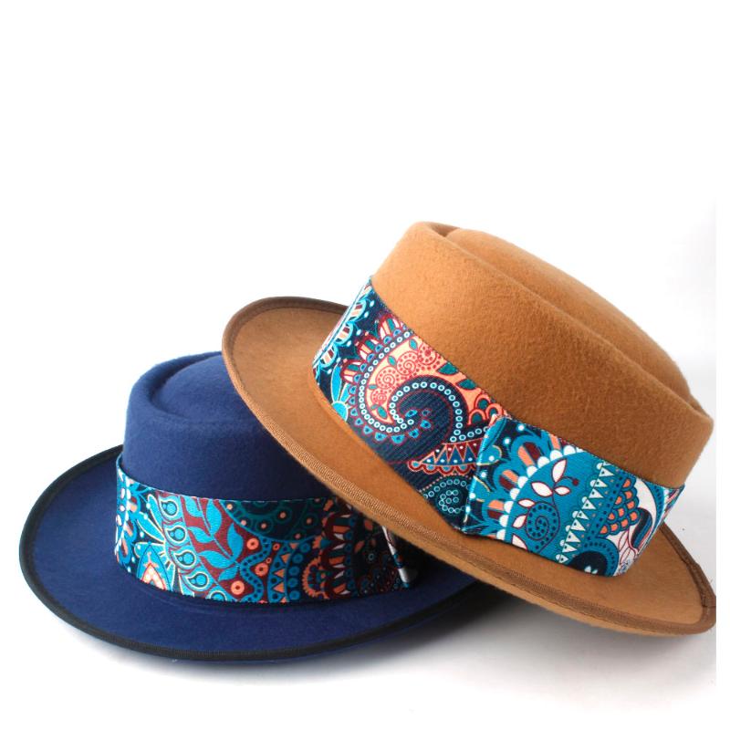 

Men Women Pork Pie Hat With Blue Ribbon Dad Wool Fedora Hat Trilby Fascinator Flat fedora Jazz Dance Party, Black