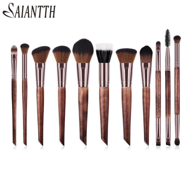 

SAIANTTH 11pcs nature wood coffee tube Makeup Brushes Set kit pincel maquiagem double head eyelashes make up brochas foundation