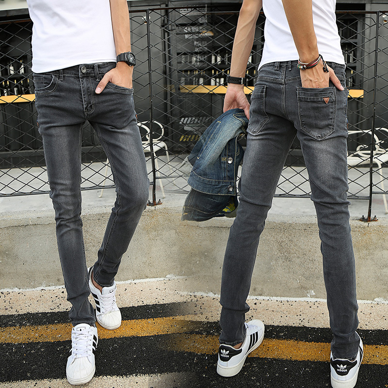 

HO new spring 2020 men jeans stretch feet pencil jeans tide youth cultivate one's morality, Dark grey