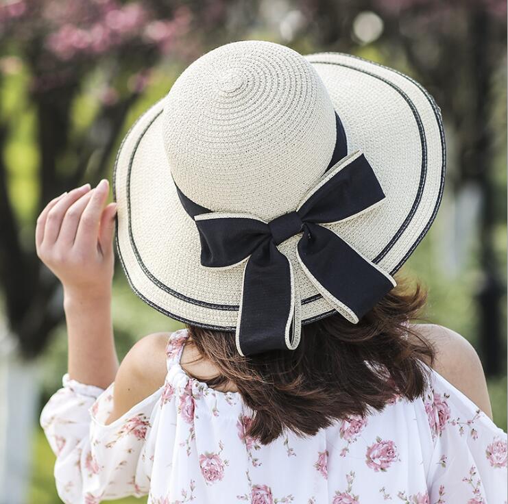 

Summer Outdoor Folding Straw Hat Women Korean Version Tide Big Edge Sun Hat Fashion Beach With Big Bowknot, White