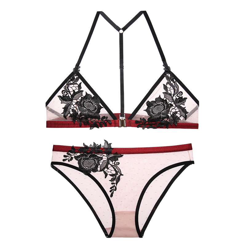 

Front Closure floral embroidery sexy women underwear set lace ultra-thin transparent lingerie suits retro Y-line Straps Bra Sets, Black
