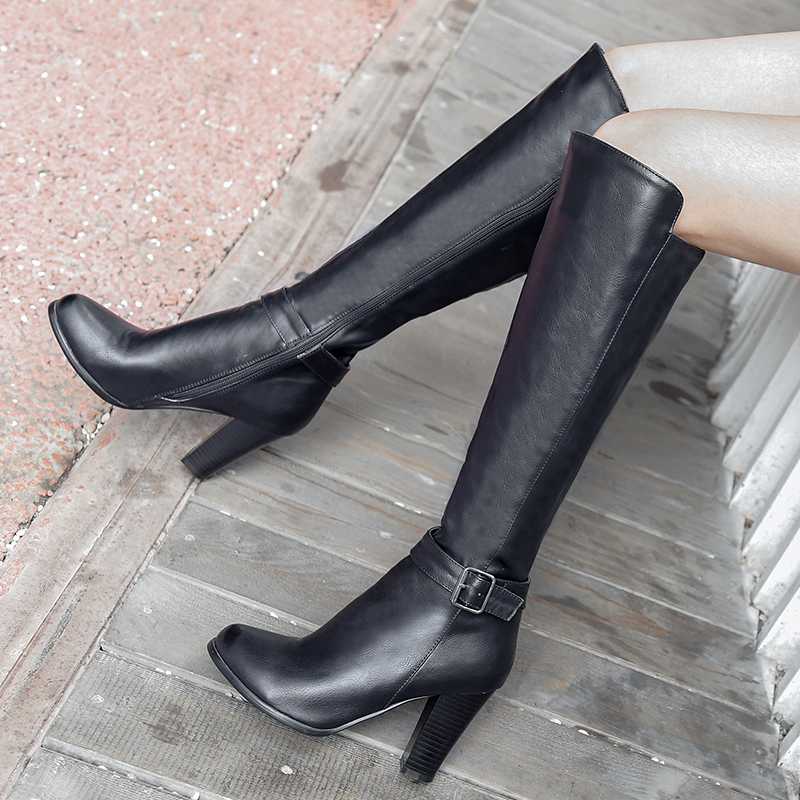 

Fashion High Heels Women Knee High Boots Pu Leather Office Ladies Dress Shoes Spring Autumn Boots Woman Big Size 698, Brown