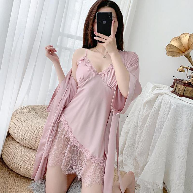

Summer Casual Satin 2PCS Sleepwear Nightdress Sexy Black Lace Women Nighty&robe Set Kimono Gown Loose Intimate Lingerie Negligee, Pink nightdress