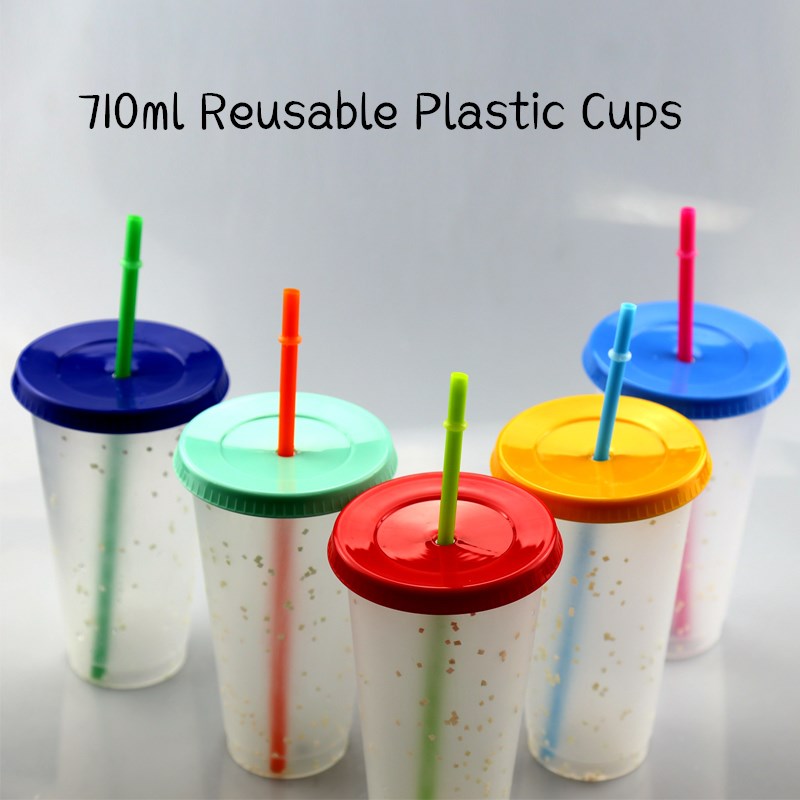 

Glitter 5pcs Lot 24oz Plastic Cups with Lid Straw 710ml Reusable PP Coffee Mug Rainbow Color Changing Water Bottle Cold Drink Magic Tumblers, 5 colors mixed