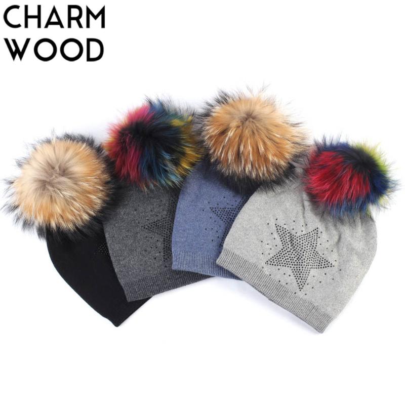 

Women's Beanie Hat with Raccoon Fur Pompom Winter Knitted Cashmere Warm Slouchy Beanie Female Star Rhinestones Skullies, Pink a