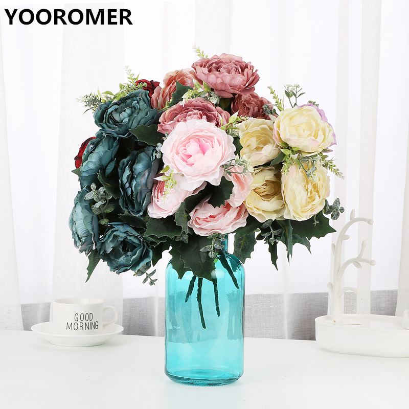 

YOOROMER 5 artificial flowers peony bouquet wedding decoration fake flower home decoration silk wedding party flower, Purple