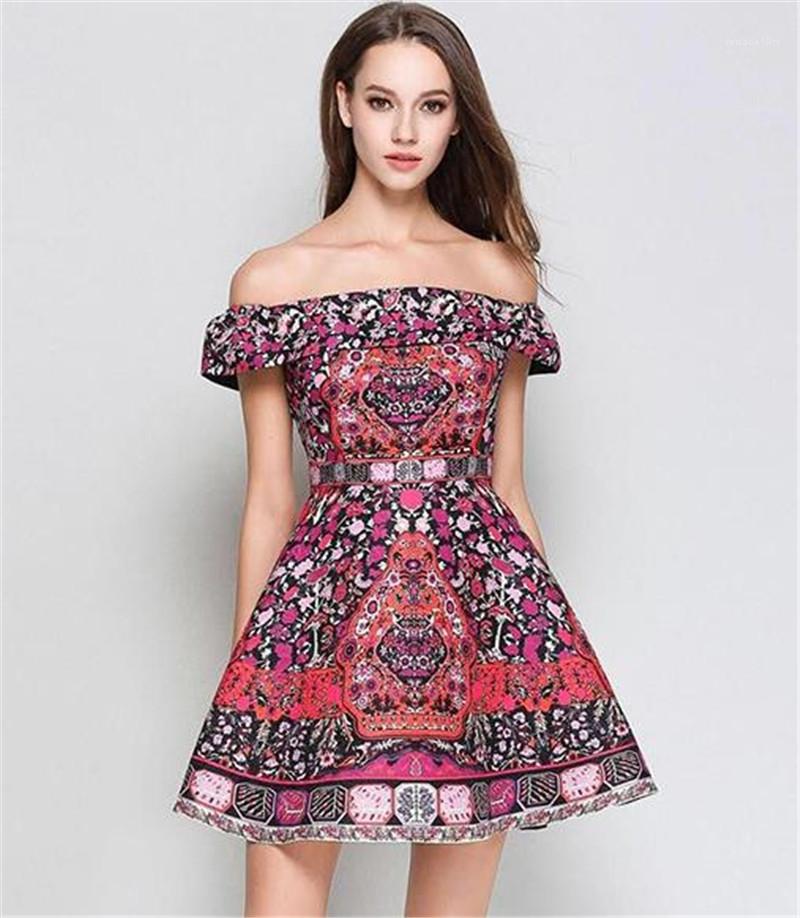 

Womens Casual Dresses Fashion Slash Neck Elastic Waist Womens Designer Dresses Casual Females Clothing All Floral Print, Blue