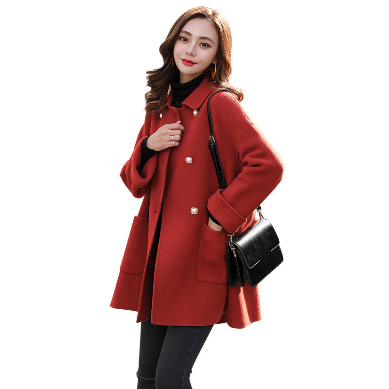 

Coat Female 2020 Autumn Winter Fashion Women Elegant Double Breasted Pocket Woolen Coat Ladies Casual Solid Loose Outerwear, Red short