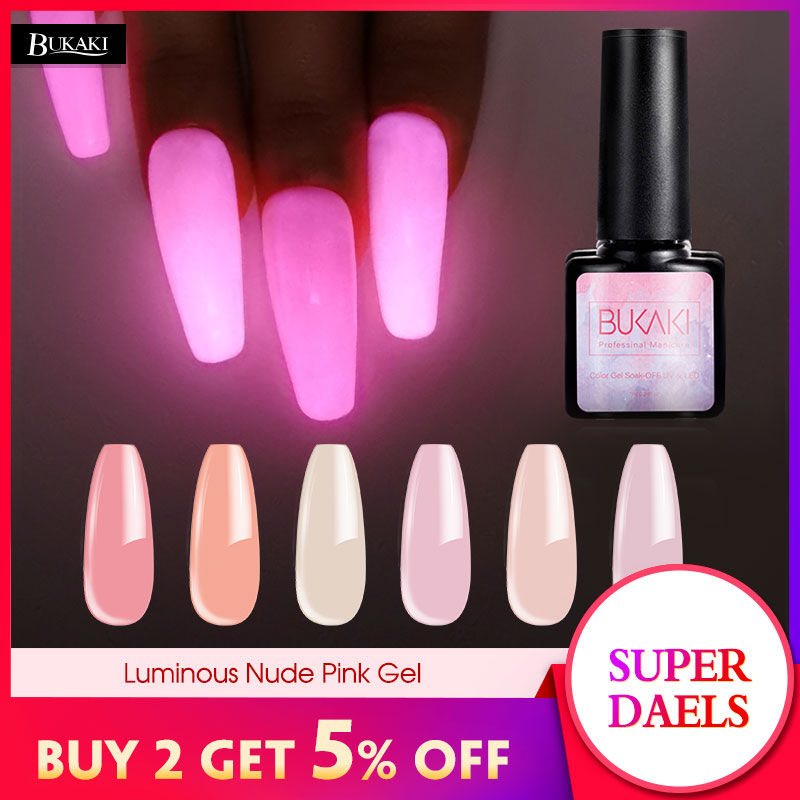 

BUKAKI Luminous Neon Nude Pink Nail Gel Polish Sugar Glitter Long Lasting Night Glow In Dark Lacquer Soak Off UV Nails Design, Base coat