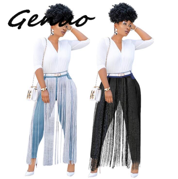 

Genuo New 2020 Women Solid Skinny Tassels Jeans Spring Autumn Stretchy Jeans Blue High Waist Denim Long Pencil Pants Trousers, Black