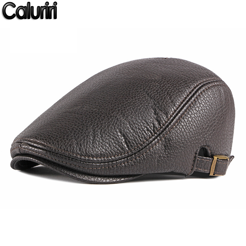 

Caluriri New Winter Men Leather Cap Warm Baseball Cap Thick PU Leather Beret Male British Retro Forward Hat Winter Detective Hat, Black