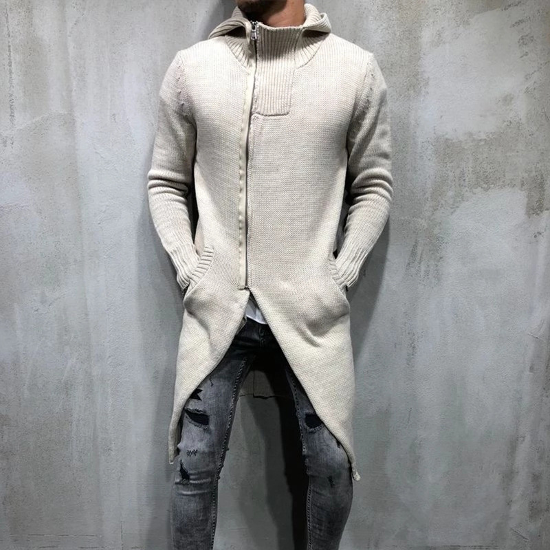 

Autumn Winter Sweaters Men Casual Solid Color Hooded Full Sleeve Zipper Patchwork Loose Knit Male Knee-Length Cardigan Explosive, White