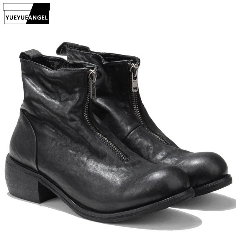 

Winter Harajuku Mens Chunky Heels Shoes High Top Vintage Round Toe Luxury Genuine Leather Ankle Boots Punk Zipper Shoes, Black