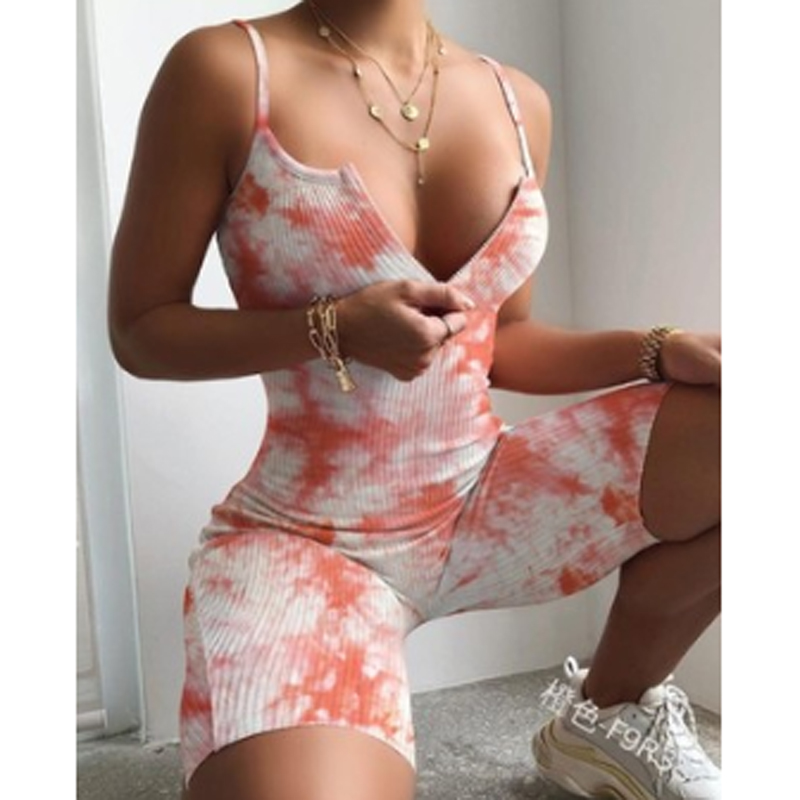 

Female Assorted Colors Jumpsuit Sleeveless with Zipper Top Suspenders High-waist Tight Short Pants Tie Dye Print, Pink