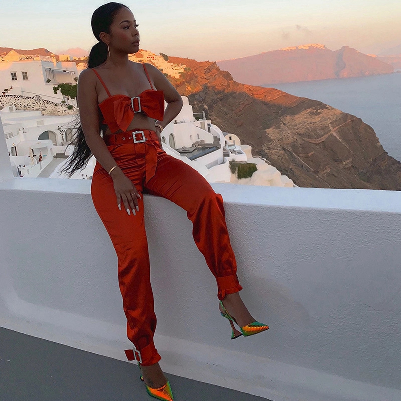 

Sexy 2 Piece Pants Sets Women Two Piece Club Outfits Festival Clothing Silk Buckle Crop Top and Pants Party Matching Women Sets, Orange