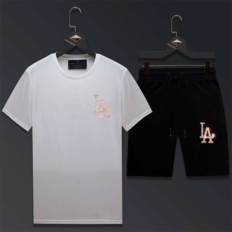 

2020 Summer Suit men's short-sleeved T-shirt hot diamond fashion casual mercerized cotton handsome pants thin men's ice Silk, White
