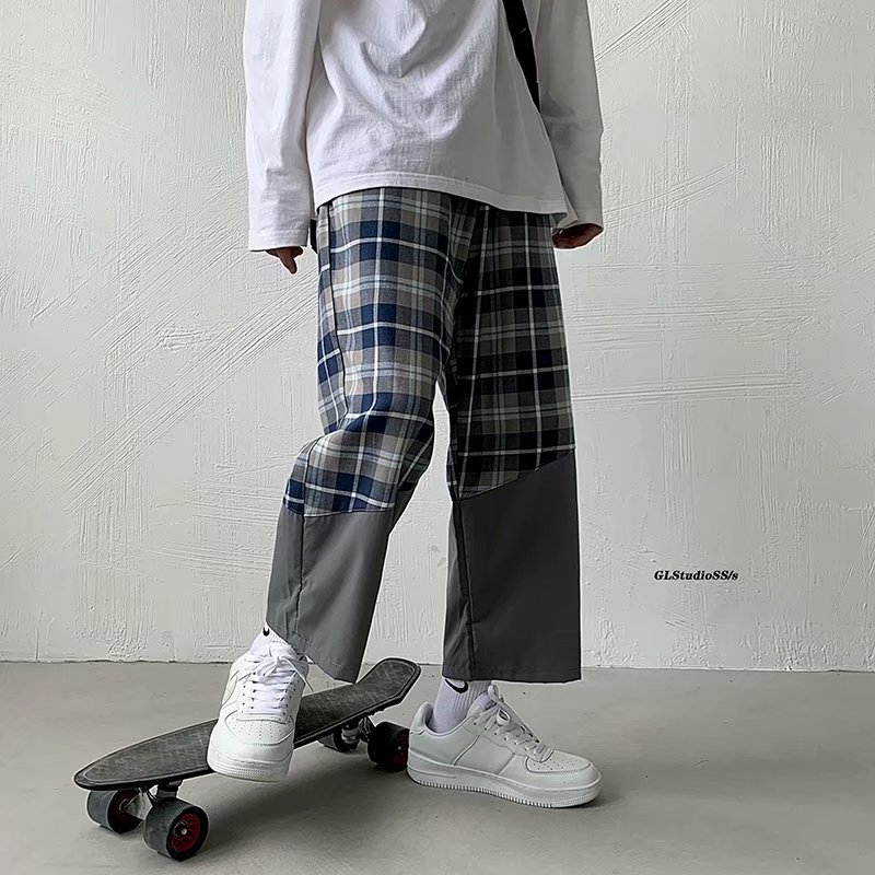

Stitching plaid casual pants straight loose Korean style trendy wide-leg cropped trousers summer hip-hop tide brand pants, Wc k15