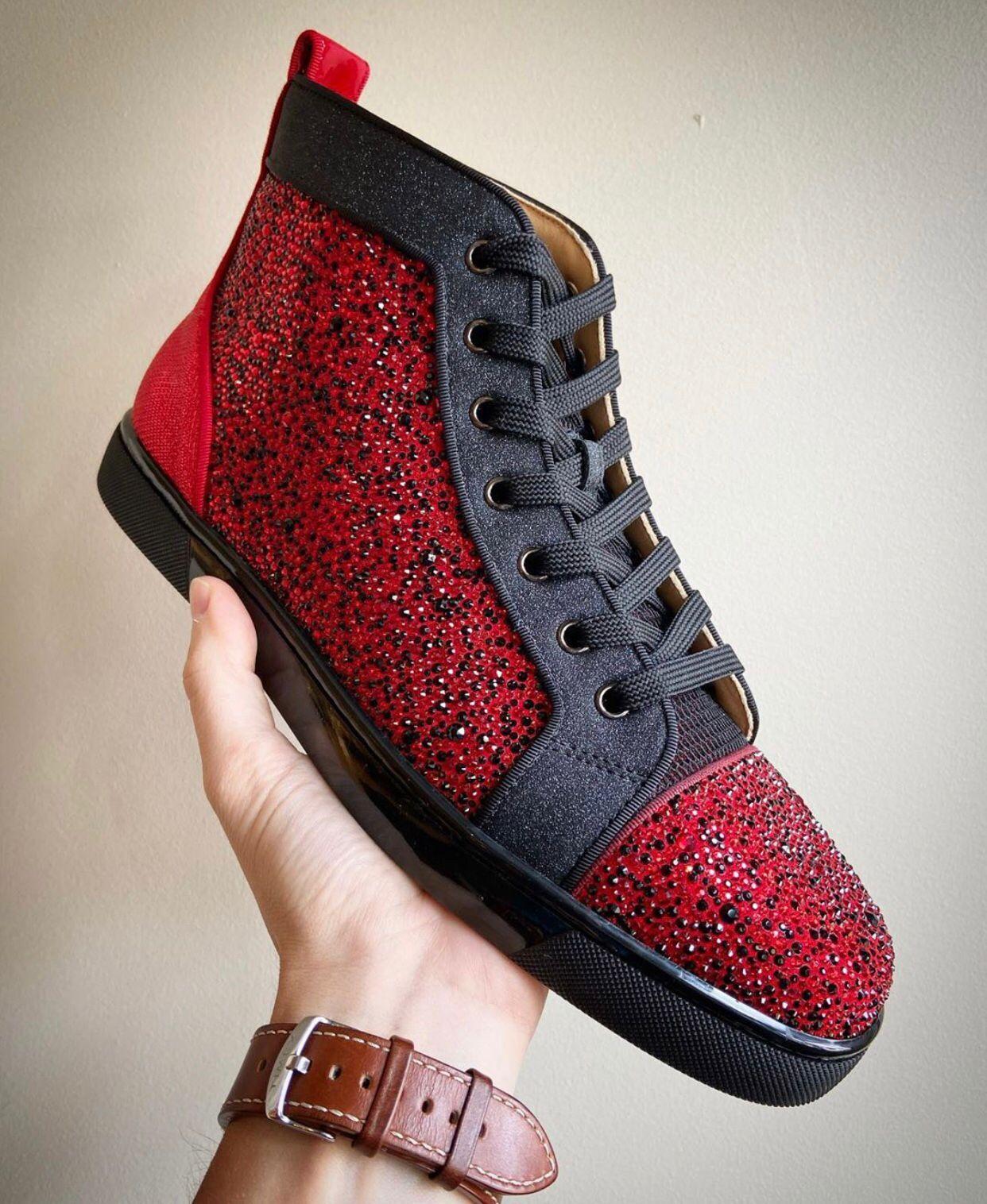 

Luxey Designs Orlato high top Red Bottom Sneaker Strass Rhinestone Red Sole Trainers Dress,Party,Wedding With Box,Dust Bag EU35-47, Black