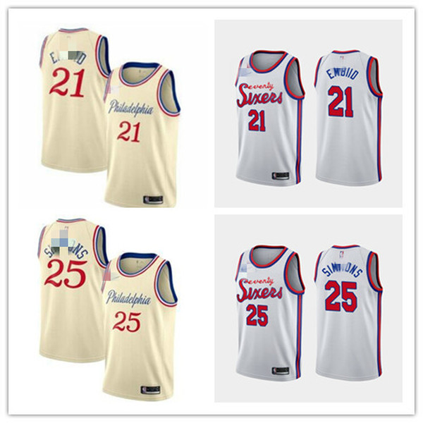 

Men Youth Philadelphia 76ers Ben Simmons Joel Embiid 2019/20 Finished Swingman Basketball Jersey Cream City Edition, Blue;black