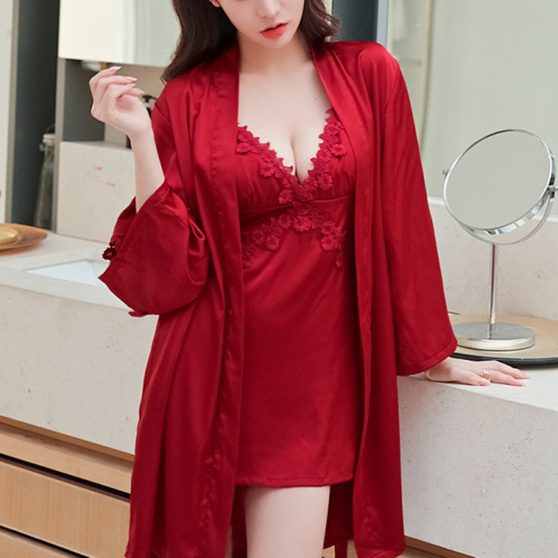 

2020 Ladies Nightgown Simulation Silk Suspenders Pajamas Female Summer Home Clothes Dresses Sexy Pajamas Bathrobe Two-piece Suit, 03