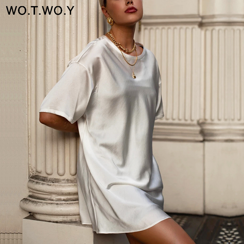 

WOTWOY Summer Solid Silk T-Shirt Dress Women Basic Loose Mini Dress Women Short Sleeve Casual Black White Tops Femme Soft 2020, T19339khaki