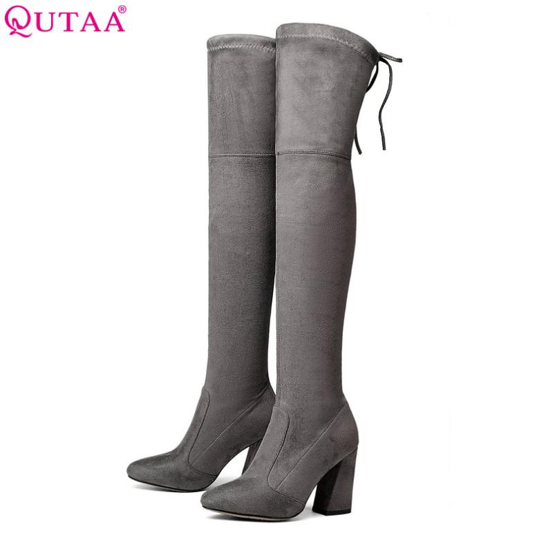 

QUTAA 2020 NEW Sucrb Leather Women Over The Knee Boots Lace Up Sexy Hoof Heels Women Shoes Soild Winter Warm Size 34-43, Drak grey