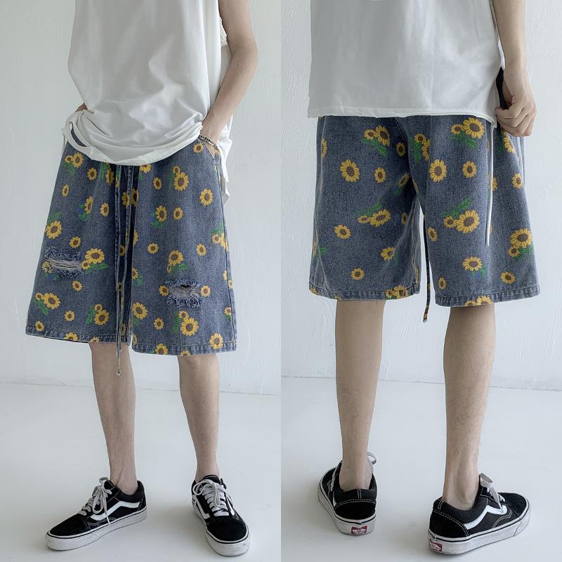 

Men' Daisy Print Summer Shorts Jeans Men 2020 Fashion Hip Hop Loose Denim Pants SA-8, Blue