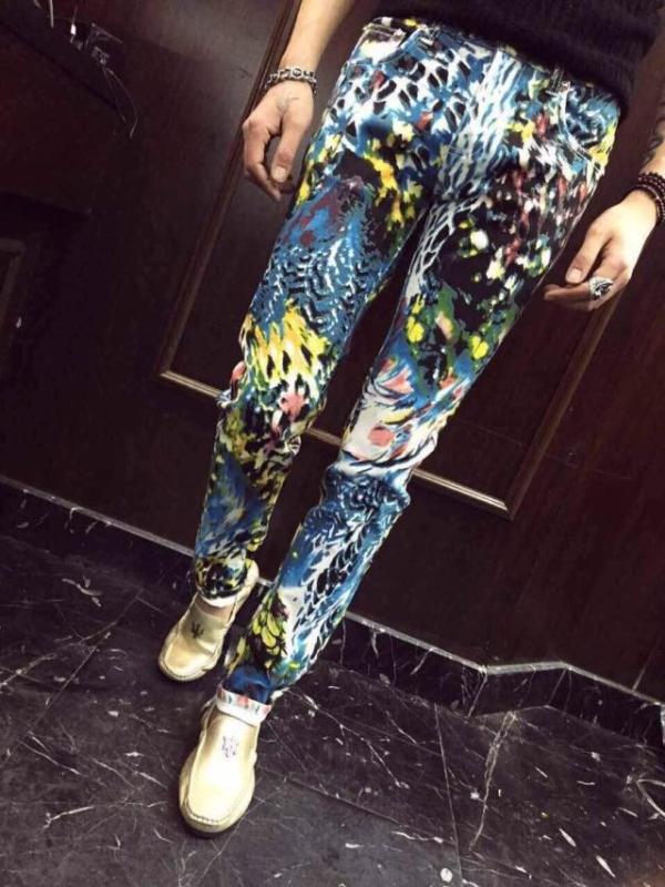 

28-38 ! Men's slim personality fashion new flower Print jeans trousers plus size skinny pants singer costumes, As picture
