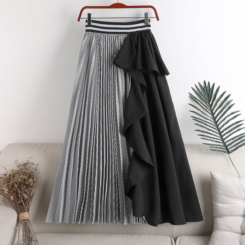 

Autumn Korean Style Women Long Striped Blue Pleated Skirt Elastic Waist Ruffles Patchwork Female A-Line Stylish Party Skirts
