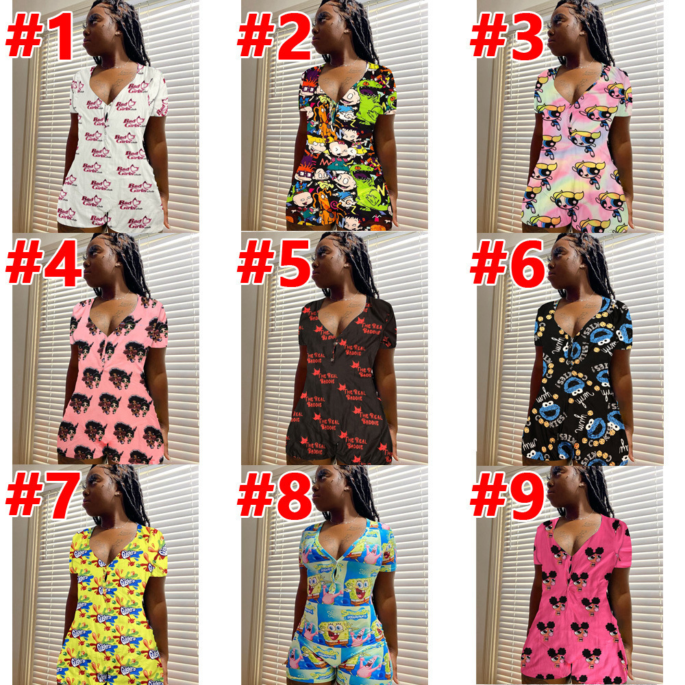 

Women Jumpsuit Casual Sports Short Sleeve Cartoon Printed Designer Short Pants Onesies Skinny Halter Bodycon Running Clothing, Mix colour or leave a message