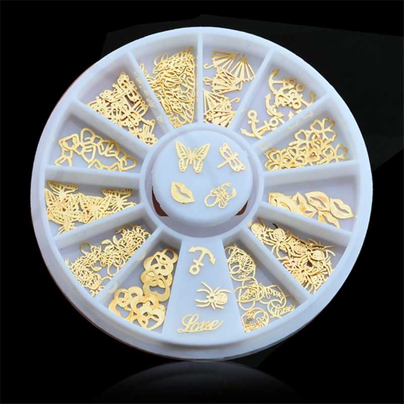 

12 grids/plate Butterfly Nail Decals Ultra-thin Flakes Metallic Nail Art Rivet Salon Accessories Gold Colors 3D Decorations