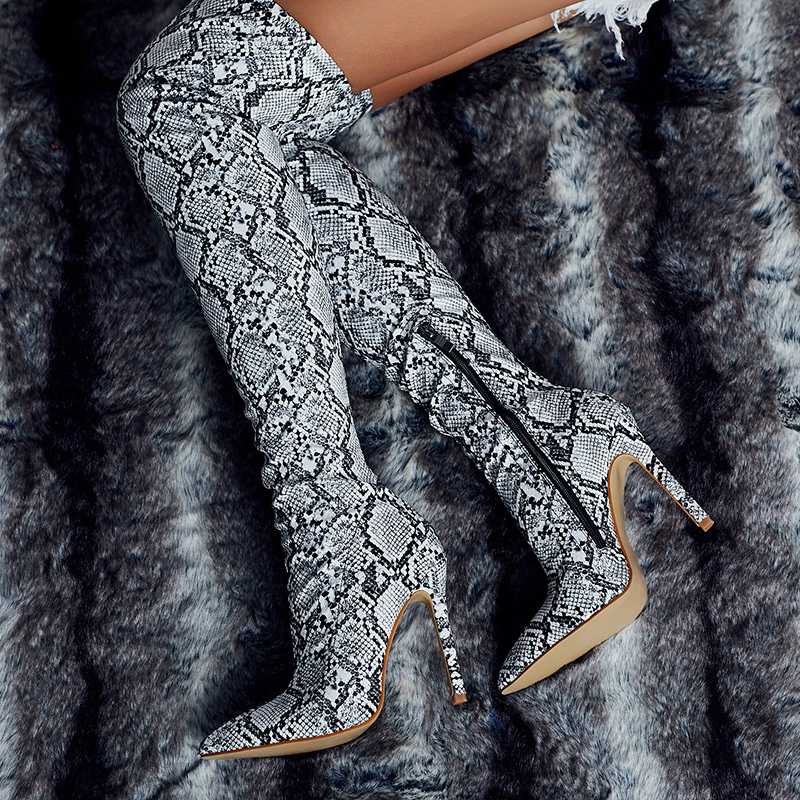 

2020 Women Over The Knee White Thigh High Boots Snake Print 11cm High Heels Tight Stripper Long Pleaser Stiletto Winter Shoes, Suede